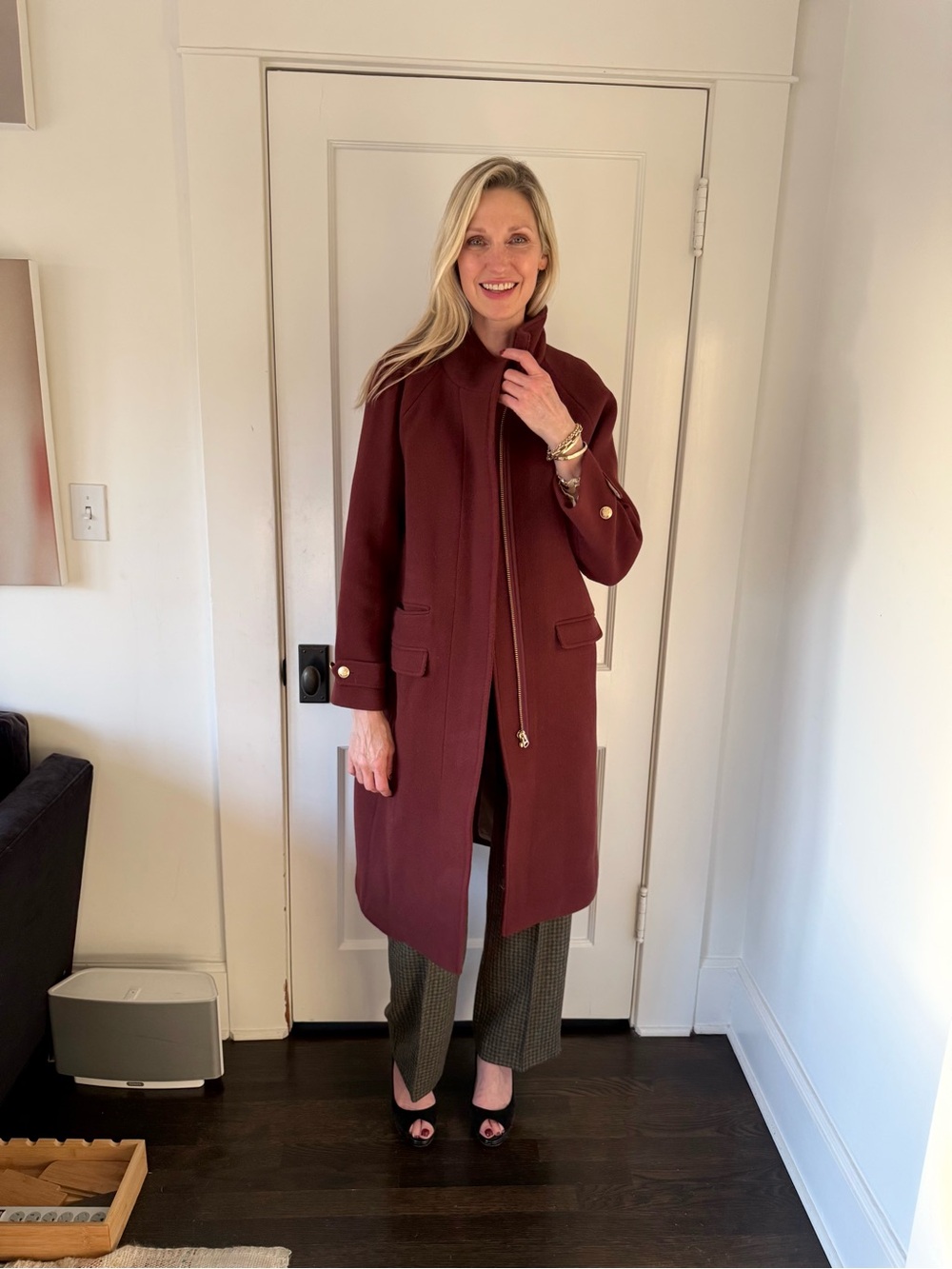 Womens Burgundy Long Zip-Front Coat